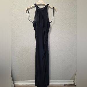 Lauren Ralph Lauren Floor Length Navy Beaded Evening Dress Gown W Sheer Neckline